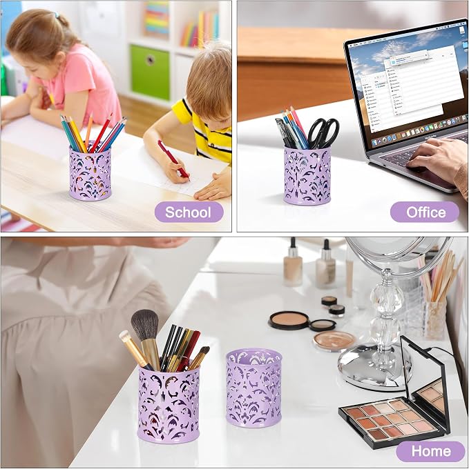 EasyPAG Purple Pen Holder for Desk, 2 Pack Round Pen Organizer, Brush Holder for Vanity, Metal Pencil Cup Organizer for Home, Office, Classroom, School