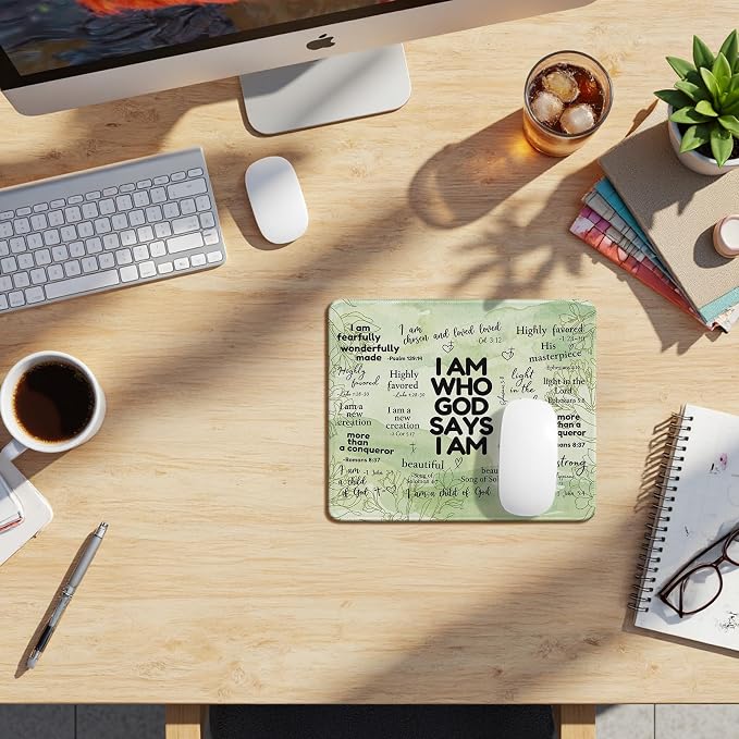 Inspirational Christian God Says I Am Mouse Pad, Green Floral Bible Verse Affirmation Mouse Pads Mousepad for Home Office Dorm Computers Laptop Supplies Desk Accessories, 9.5x7.9 Inch