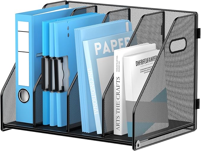 Binder Organizer, Magazine File Holder with 4 Vertical Rack, Black | Metal Desk File Organizer & Binder Holders, Magazine Organizers for Office Desktop, Home, School, Classroom