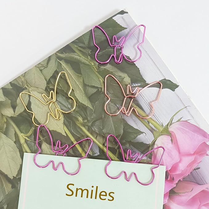 Cute Paper Clips, Butterfly Paperclips, Smooth Metal Paper Clips for File Organization or Decoration - Perfect for Home, Office, School.40 Pcs/Box, Pink, Gold, Rose Gold