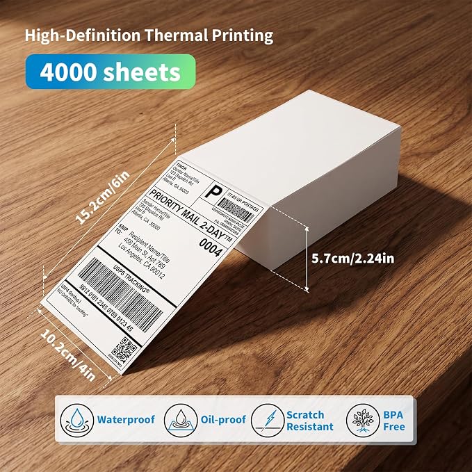 HORLIMER 4000 Pcs 4x6 Thermal Labels, 8 Stacks Shipping Paper Label | 4" x 6" Commercial Grade, BPA-Free, Perforated with Strong Adhesive Label for Mailing, Shipping Package