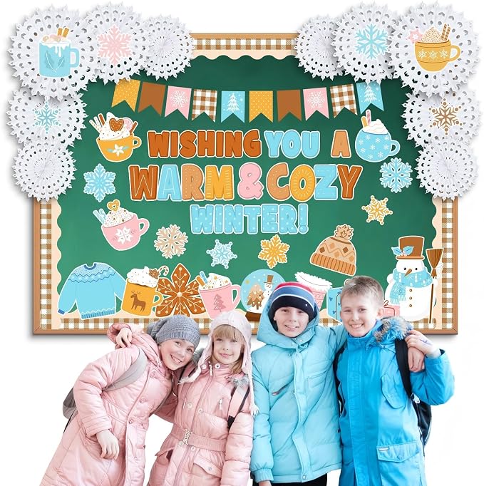 72 Pcs Winter Christmas Bulletin Board Decorations with Paper Fans | Xmas Classroom Bulletin Board Set, Cocoa Snowflake Snowball Snowman Cutout, Winter Holiday School Wall Door Decor