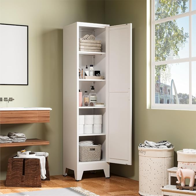 COFaR 67" Tall Metal Pantry Cabinet, White Storage Cabinet with Magnetic Door & 4 Adjustable Shelves, Slim Freestanding Cupboard for Kitchen, Bathroom, Living Room
