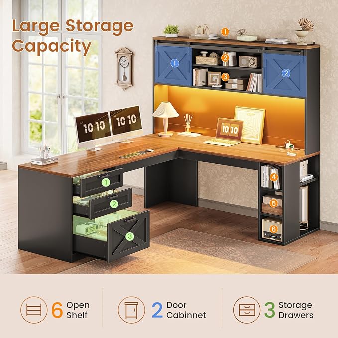 SEDETA 67" Farmhouse L Shaped Desk with Hutch, Black+Brown | Home Office Desks with Drawers & Sliding Doors,Executive Corner Computer Desk with Storage Shelves,Power Outlets,LED Lights