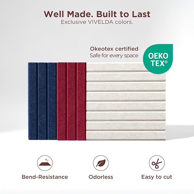 Large Felt Bulletin Board 48 x 36 Inch - 12-Pack Square Acoustic Wall Panels, Cork Board Alternative, NRC 0.95, Damage-Free Adhesive, Slatted Design for Home, Classroom (Limestone)