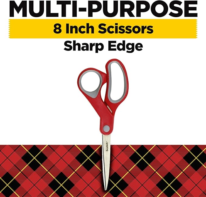 Scotch Multi-Purpose Stainless Steel All-Purpose 2 Pairs of Scissors, 8 Inches, Red & Gray, Great for cutting holiday gift wrap paper