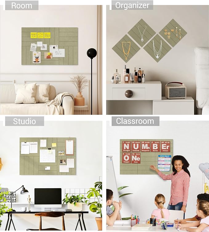 28" x 18" Felt Bulletin Board Tiles 1/2" Thick, Sage Green | 6 Pack Felt Tiles, Large Cork Board Alternative, 30 Adhesive Tabs, Pin Board for Home Office Decor with Easy Install