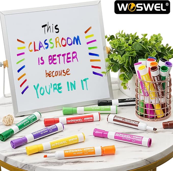 WOSWEL Dry Erase Markers, Chisel Tip Whiteboard Markers, Low Odor Thick Dry Markers, 100 Bulk 10 Assorted Colors for Teachers, Classroom, Office & Home Use