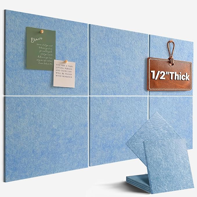 36" x 24" Large Felt Bulletin Board 1/2" Thick, Light Blue | 6 Pack Felt Tiles, Cork Board Alternative, 30 Adhesive Tabs, Pin Board for Home Office Decor with Easy Install