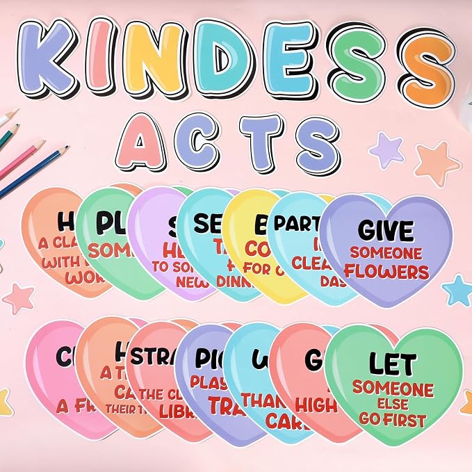 Random Acts of Heart Kindness Bulletin Board Set Colorful Motivational Classroom Decoration Sweet Candy Heart Kind Challenge Cutouts for Back to School Office Home Chalkboard Decor Wall Door