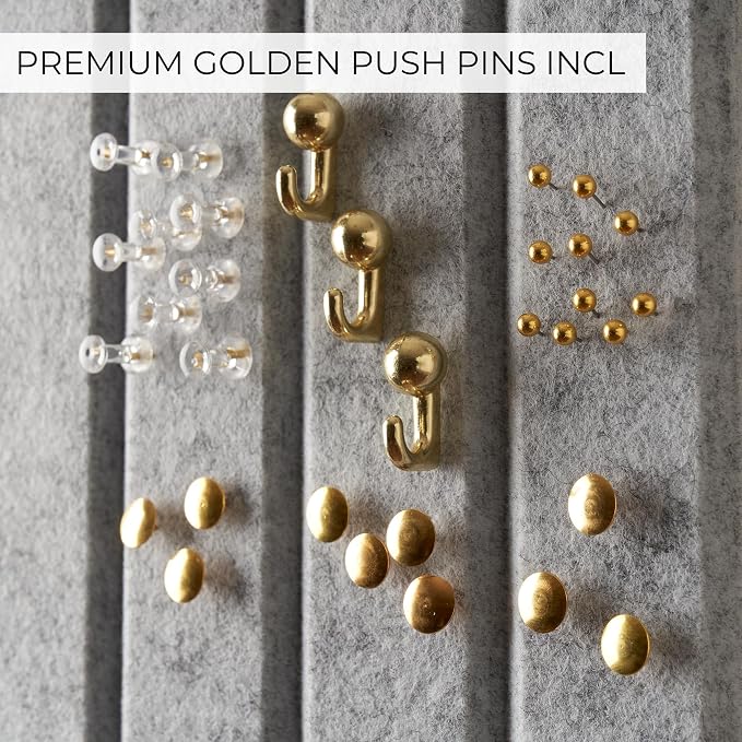 Felt Bulletin Board 35" x 24" - Stylish Cork Board Alternative & Wall Decor | 6 Customizable Adhesive Tiles with Golden Pins to Display Your Photos - The Perfect Felt Panel for Your Office