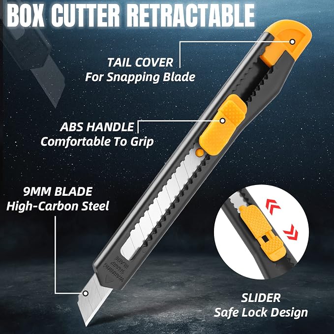 24 Pack Box Cutter Retractable, 9mm Razor Knife, Utility Knife | Snap-off blades, exacto knife and box opener for boxes, cartons, cardboard, paper, vinyl and rope for home, office and school