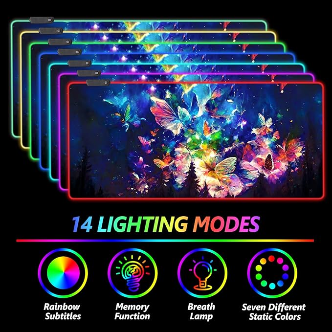 AIMSA RGB LED Gaming Mouse Pad, 14 Modes Glow Pad, Extra Large Gaming Mousepad, 35.4 x 15.8 inch Extended Big Waterproof Keyboard Mouse Pad Mat, Colorful Abstract Butterfly