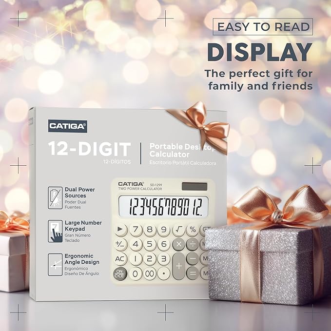 CATIGA Mechanical Switch Calculator with Solar and Battery Dual Power, 12-Digit Large LCD Display, Aesthetic and Cute Desktop Calculator with Big Button, for Home, School and Office Use, SD-1299
