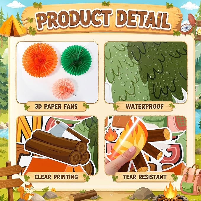Camping Bulletin Board Decorations with Paper Fans 3D Explore Adventure Classroom Bulletin Board Set Summer Camp Tent Forest Woodland Cutouts Back to School Office Wall Door Decor