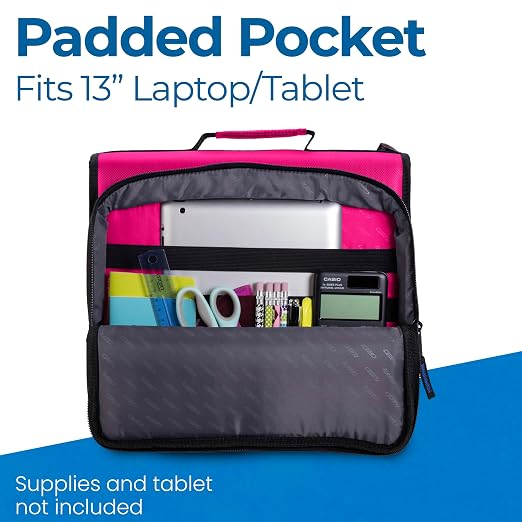 Case-it Universal Zipper Binder | 2-Inch O-Rings, 13-Inch Laptop/Tablet Padded Pocket, 400 Sheet Capacity, Multiple Storage Pockets & Shoulder Strap | School & Office Organizer | LT-007 Magenta