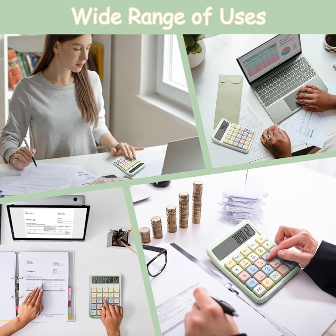 Desk Calculator, 12 Digit Large LCD Display, Big Buttons, Ergonomic 15° Tilt, Real Mechanical Keypad, Gift Box Desktop Calculator for Office and Study (Mint Green)