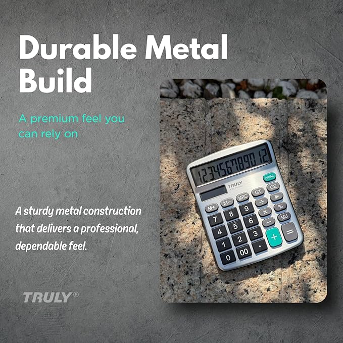 TRULY 12 Digits Desktop Calculator with Large LCD Display and Sensitive Button, Dual Solar Power and Battery, Standard Function for Office, Home, School, Metal Body, 837A Pro Silver