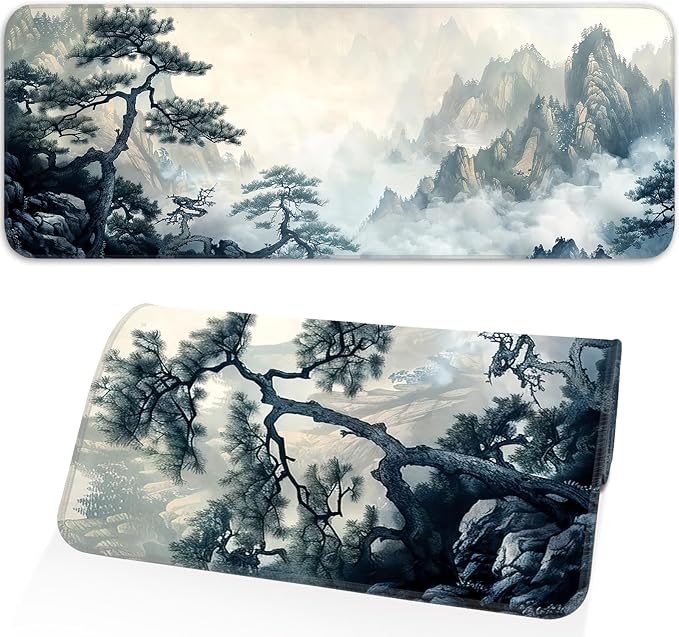 Gaming Mouse Pad, Non-Slip Rubber Base, Enlarged Mouse Pad with Stitching for Gaming, Office and Home, 31.5x11.8 Inch, Mountain Ink Painting