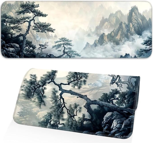 Gaming Mouse Pad, Non-Slip Rubber Base, Enlarged Mouse Pad with Stitching for Gaming, Office and Home, 31.5x11.8 Inch, Mountain Ink Painting