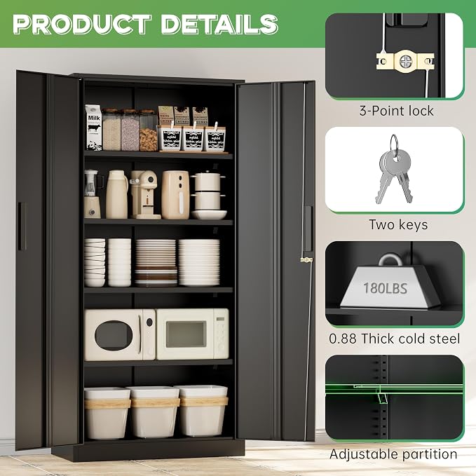 Metal Storage Cabinet with Lock, 72" H Lockable Metal Storage Cabinet with Locking Doors, Steel Storage Lockers with Adjustable Shelves for Office, Home, Garage, Gym, School (Black)
