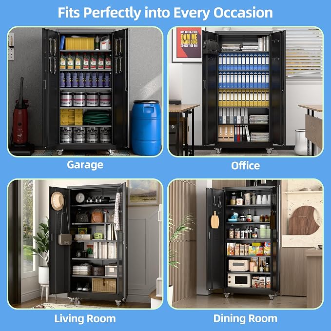 71" Metal Storage Cabinet, 34" W x 18" D, Wheels and Pegboard | Required assembly; 34"W x 18"D steel cabinet with 5 adjustable shelves, 4 casters, door pegboard, hooks, and 3-point lock.