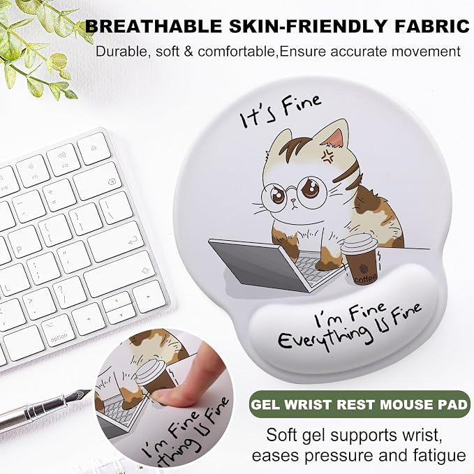 Funny Cat Mouse Pad with Gel Wrist Support, Smooth Surface Ergonomic Mouse pad, Non-Slip Pain Relief Desk Mat for Gaming, Work & Office Desktop