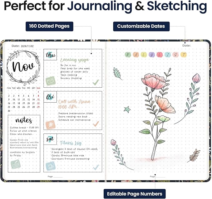 Dotted Journal Notebook for Women & Men, Hardcover Leather Journal for Writing, A5 Dotted Journaling Notebook for Work & Sketching, Perfect for Office School Home Supplies, 160 Pages, Patchwork Floral
