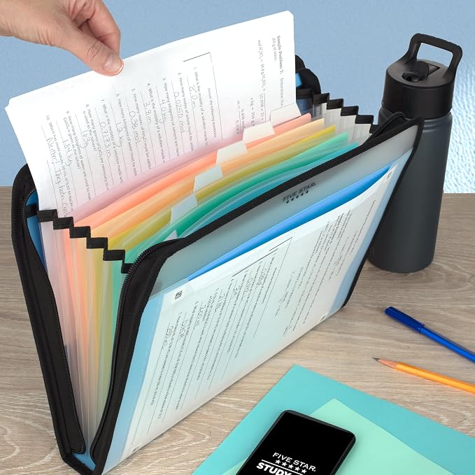 Five Star Expanding File Organizer + Study App, 7-Pocket Accordian File Organizer, Zipper Closure, Holds 8.5" x 11" Paper, Blue (Color May Vary) (350099B)