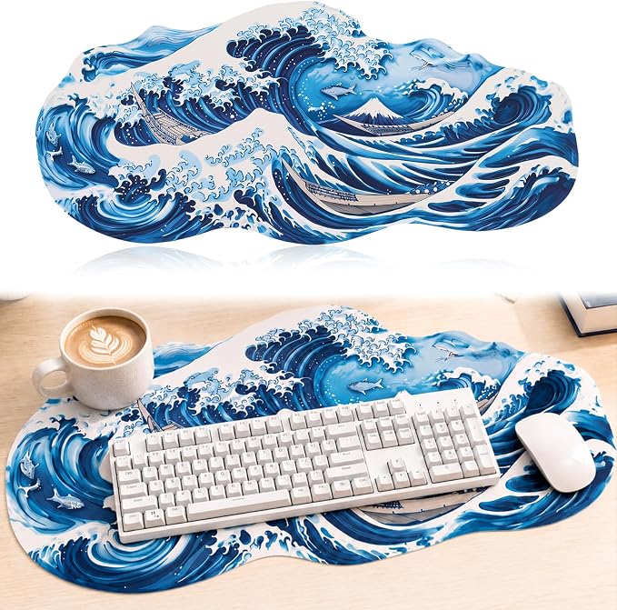 Large 3D Blue Ocean Wave Desk Mat Wave Surfing Gaming Mouse Pad Non Slip | Rubber Base Decorative Keyboard Mat Extended Desk Protector for Office, Home, Study and Workstation, 35.43 x 15.75 Inch