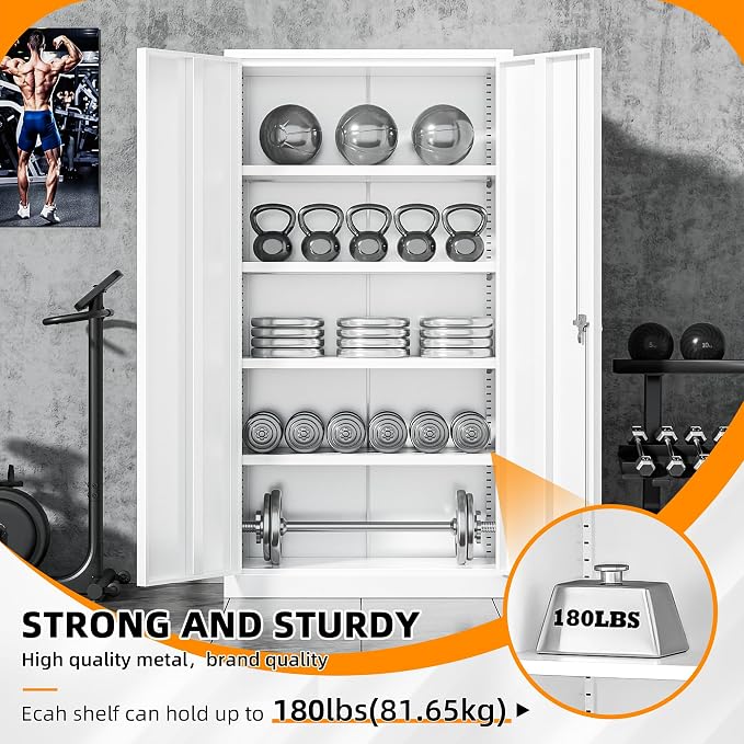 White Metal Storage Cabinet Doors, 72" Locking Steel Storage Cabinet with Shelves, Tall Metal Cabinet Lockable Steel Cabinets for Home Office, Garage