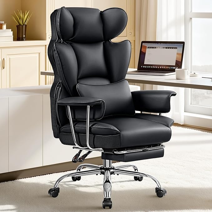 ALLGOD Big and Tall Office Chair 400LBS, Executive Ergonomic Leather Chair with Footrest, Wide Seat Gaming Office Chair with Pocket Spring Cushion, Reclining High Back Computer Desk Chair, Black