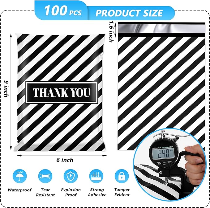 Thank You Poly Mailer 6x9 Inch 100 Pcs, Waterproof and Tear-Resistant Shipping Bags for Clothing, Black and White Striped Printed Printed Packaging Bags for Small Business