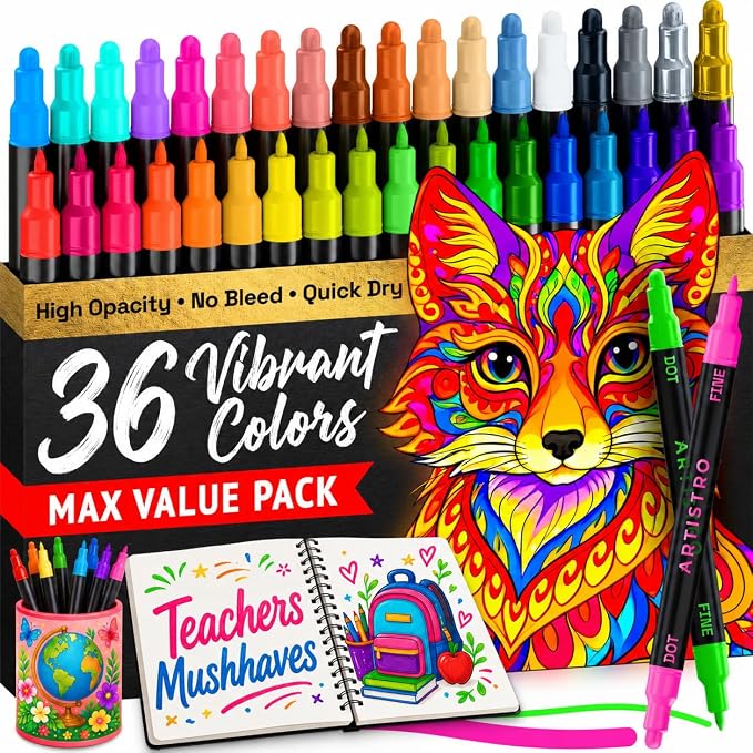 ARTISTRO Precision Dual-Tip Acrylic Paint Marker Pens - Set of 36 | For Fabric, Rock, Glass, Wood, & Coloring Books, Arts & Crafts Gift, Classroom Must Haves & School Supplies (Dot & Fine Tips)