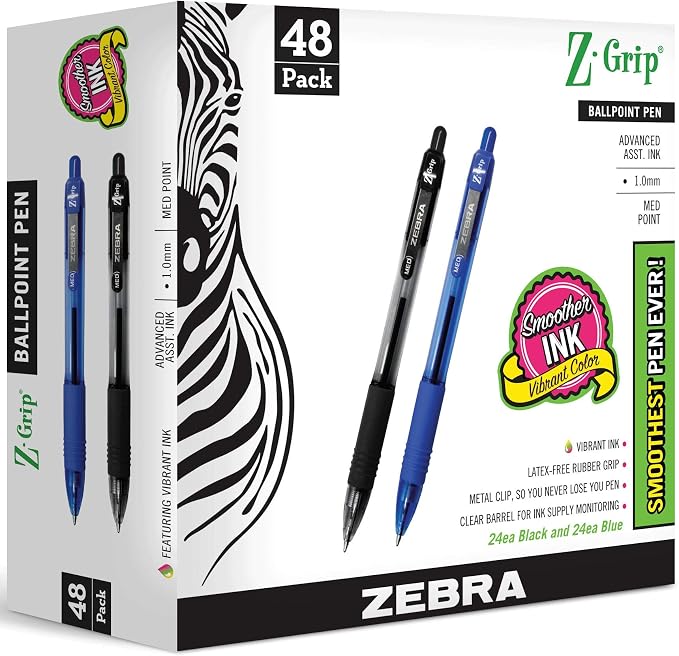 Zebra Pen Z-Grip Retractable Ballpoint Pen, Medium Point 1.0mm, 24 Black & 24 Blue Ink Pens, Bulk Pack of 48