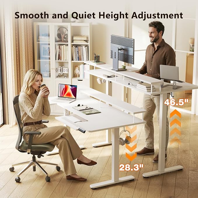 63 Inch U Shaped Electric Standing Desk with Keyboard Tray, White | Power Outlet, Monitor Stand, LED Light, 3 Presets, 28.3"-46.5"in Range, 154 lb Capacity