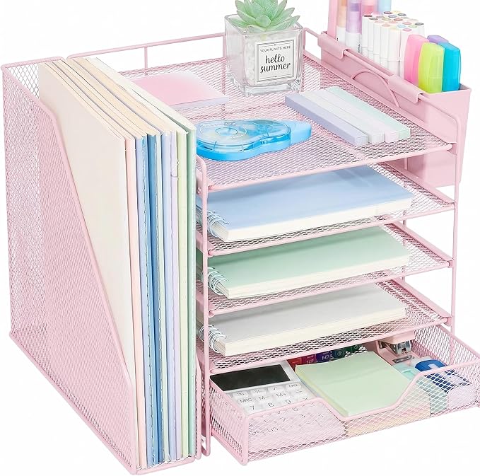 5-Tier Desk File Organizer with Drawer & Pen Holder (Pink) | Desk Organizers and Accessories, Office Desk Accessories & Workspace Desktop Organizers for Classroom, Home, Office Supplies