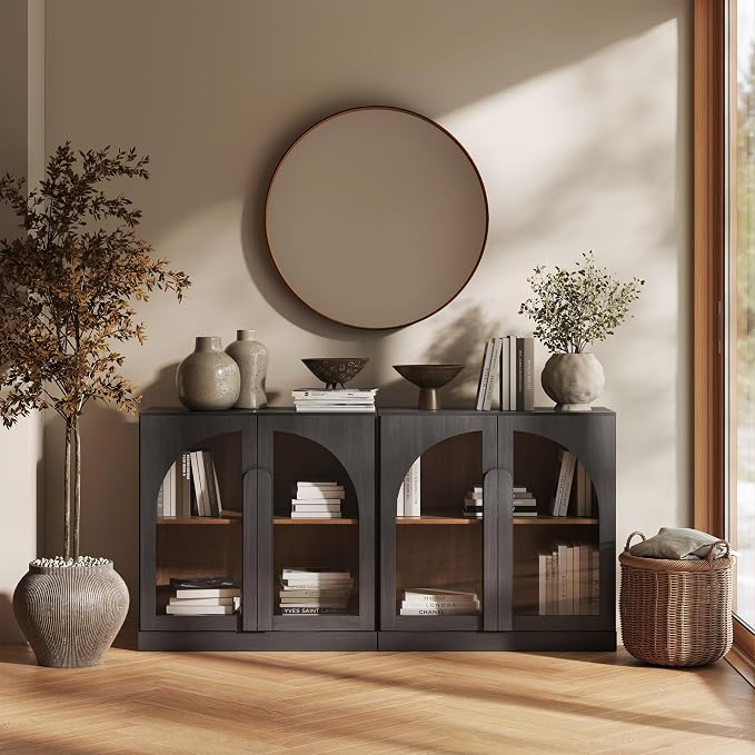 BELLEZE 2 Tier Bookshelf with Arched Glass Door, Set of 2 Modern Display Bookcase Shelf with Storage and Adjustable Shelves, 63" Wood Bookshelves for Living Room Office Entryway (Ebony)