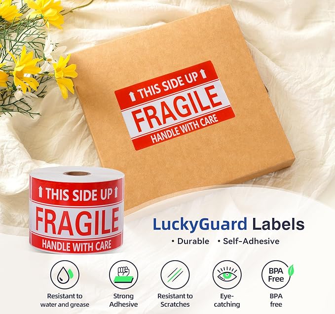 3 x 5 Inch Handle with Care This Side Up 500 Permanent Adhesive Fragile Stickers for Shipping Moving Glass Labels (1 Roll, 500 Labels)