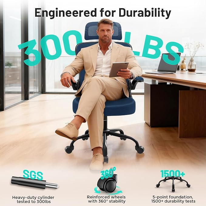 Office Chair - Ergonomic Desk Chair Breathable Mesh Chair with 2D Headrest & Adjustable Lumbar Support - Executive High Back Rolling Swivel Computer Gaming Chair with Wheels Flip-up Armrests