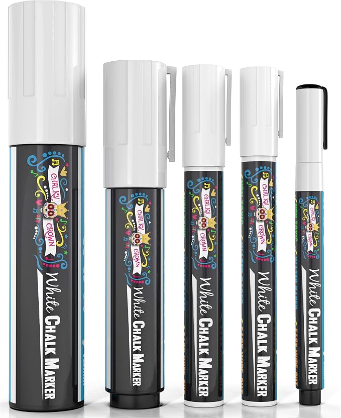 CHALKY CROWN White Liquid Chalk Markers - 5 Pack (1, 3, 6, 10, 15mm) | Multi-Tip Variety Pack Includes 1, 3, 6, 10 & 15mm Tips - Non-Toxic Ink for Windows, Glass & Signs - Smooth Wipe-Clean