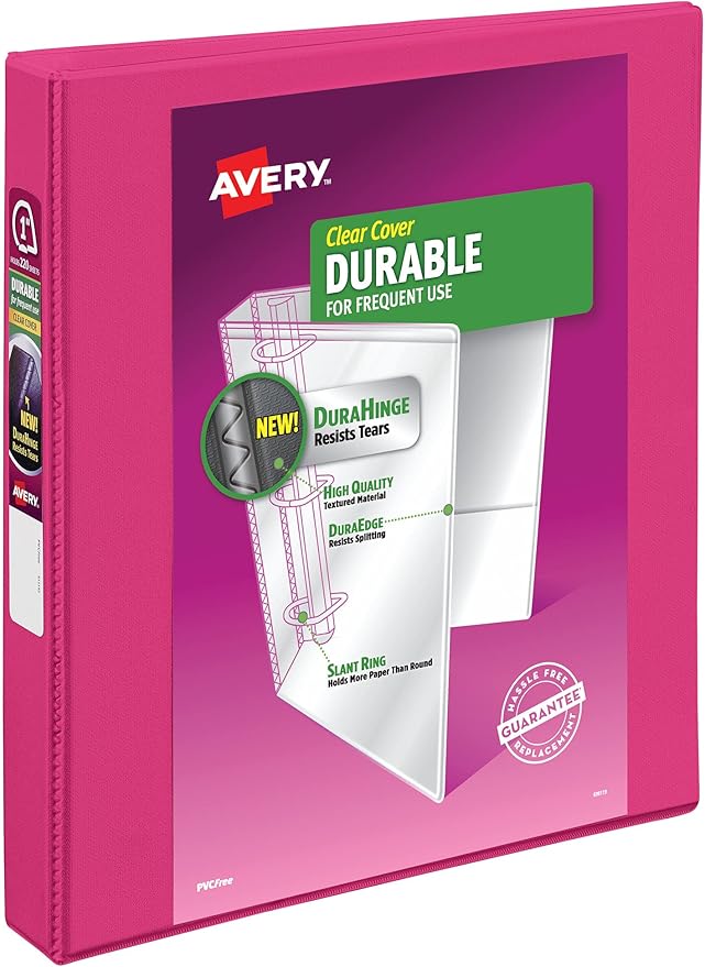 Avery Durable View 3 Ring Binder, 1 Inch Slant Rings, 1 Pink Binder (17830)