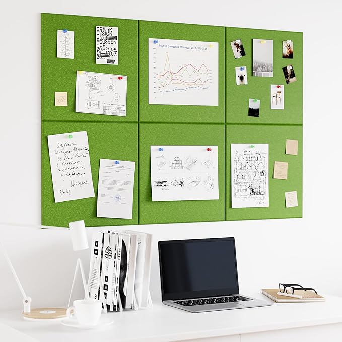 Large Cork Board for Wall, 36" x 24" Bulletin Board with Pushpins, 6 Panels Felt Tiles Tack Push Pin Board for Office, Forest Green