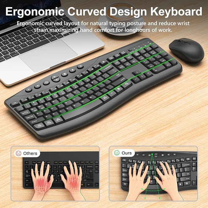 Wireless Keyboard and Mouse Combo, Quiet Ergonomic Curved Keys(Graphite) | 2.4G Full Size Ergonomic Keyboard, 3-Level DPI Adjustable Silent Mouse for Windows, Mac OS, Desktop/Laptop/Office and Home