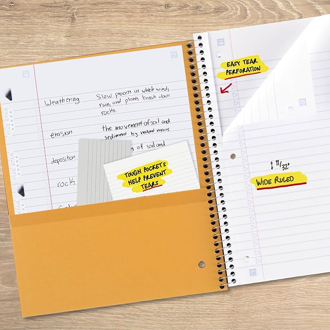 Five Star Spiral Notebook + Study App, 3 Subject, Wide Ruled Paper, 8" x 10-1/2", 150 Sheets, Fights Ink Bleed, Water Resistant Cover, Forest Green (73176)