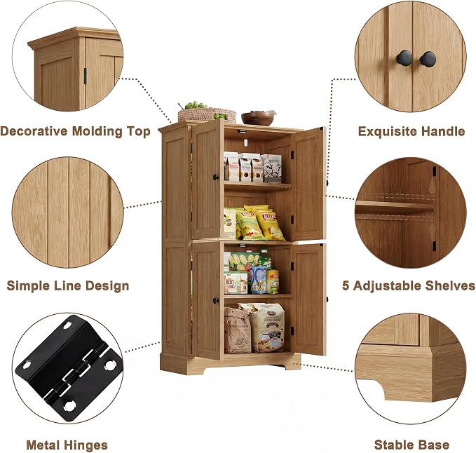 ChooChoo Bathroom Floor Cabinet with Adjustable Shelves | Bathroom Storage Cabinet, 4 Doors, Freestanding Cupboard for Living Room, Natural