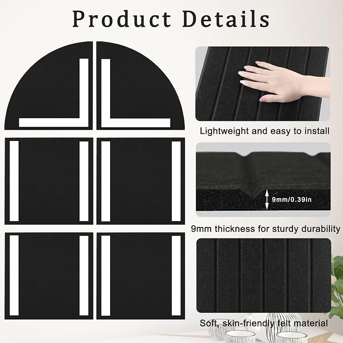Large Arched Felt Bulletin Board-35 × 24" Stylish Black Cork Board | 6 Pieces Adhesive Panels with 60 Pins for Displaying Photos,Notes Alternative for Office and Home Wall Decor