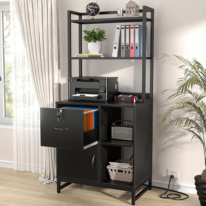 Vertical Filing Cabinet with Bookshelf for Home Office, Black | File Cabinet with Shelves, Lock & Charging Station, Drawer Office File Cabinets with Printer Stand, fits Letter Size