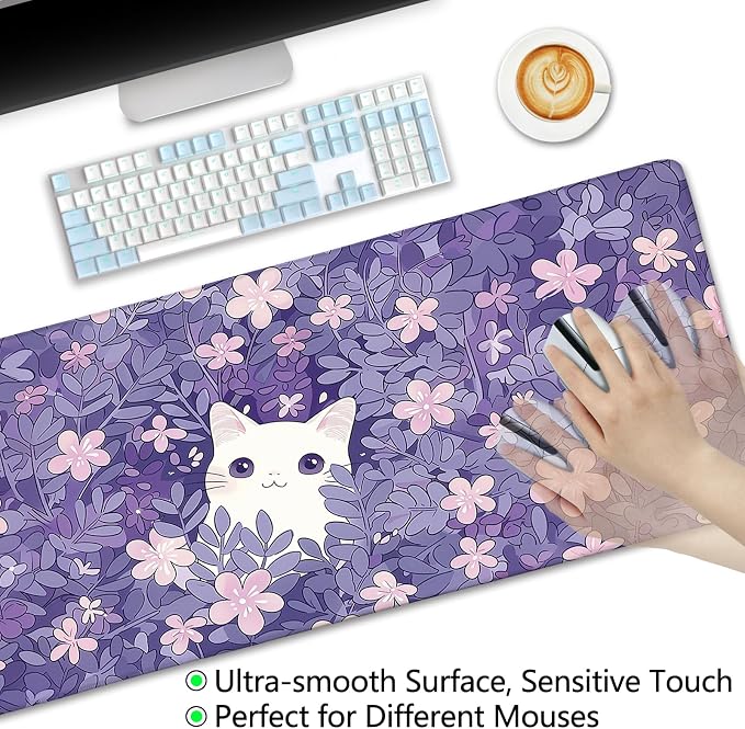 LIMKRIAN Cat Purple Mouse Pad Large Desk Mat 31.5x11.8 in | Large Mouse Pad, Stitched Edges, Non-Slip, Kawaii Desk Mat for Keyboard Mouse, Cute Office Desk Accessories Decor for Women