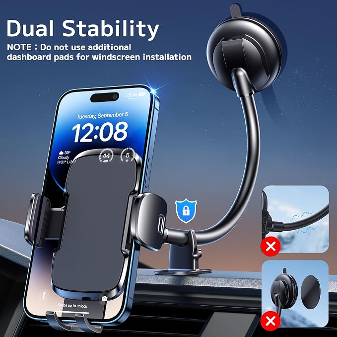 Phone Holders for Your Car [Gooseneck Flexible] Phone Stand for Car Dashboard Windshield Automotive Accessories [Strong Suction Cup] Cell Phone Car Mount for All iPhone Android Smartphone